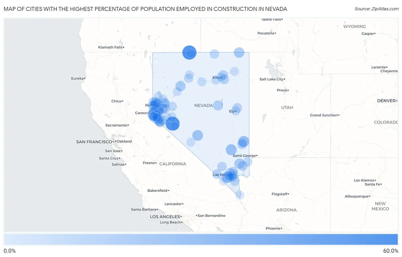 Cities with the Highest Percentage of Population Employed in Construction in Nevada Map