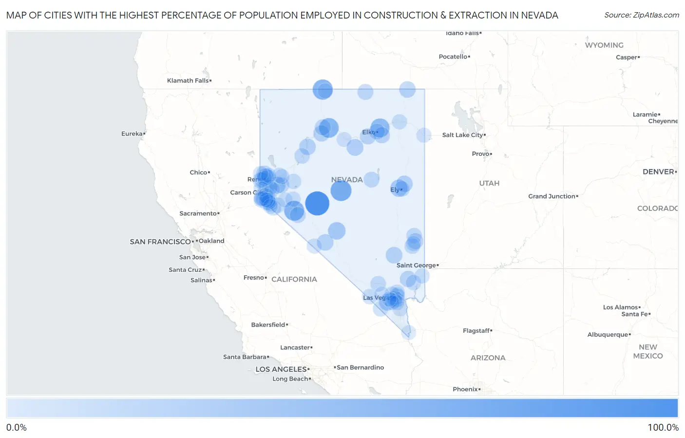 Cities with the Highest Percentage of Population Employed in Construction & Extraction in Nevada Map