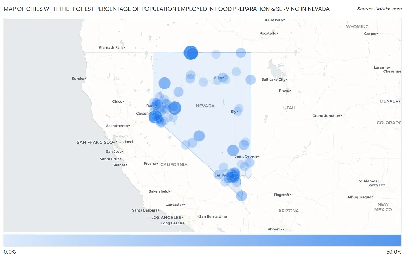 Cities with the Highest Percentage of Population Employed in Food Preparation & Serving in Nevada Map