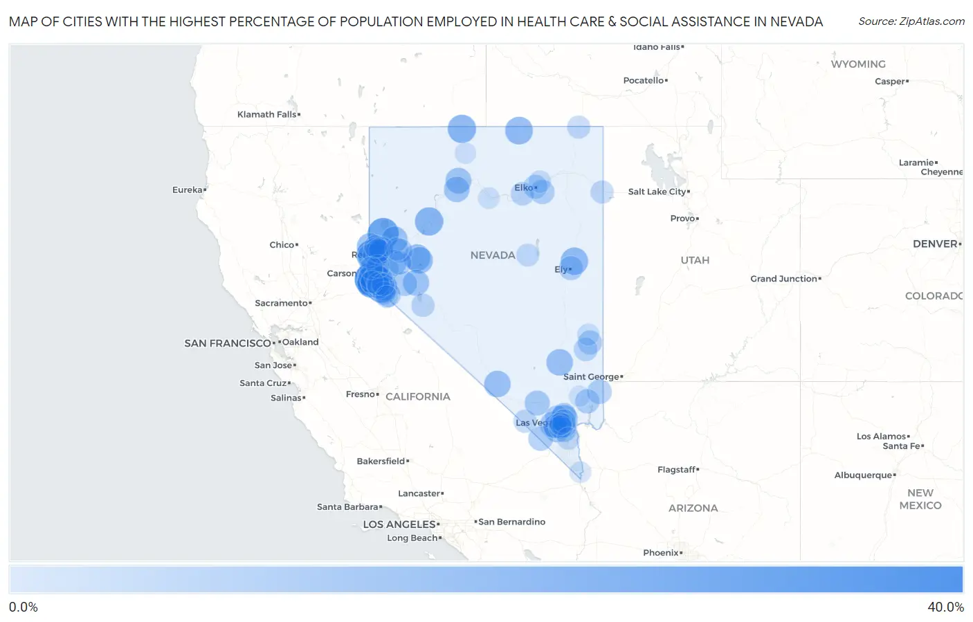 Cities with the Highest Percentage of Population Employed in Health Care & Social Assistance in Nevada Map