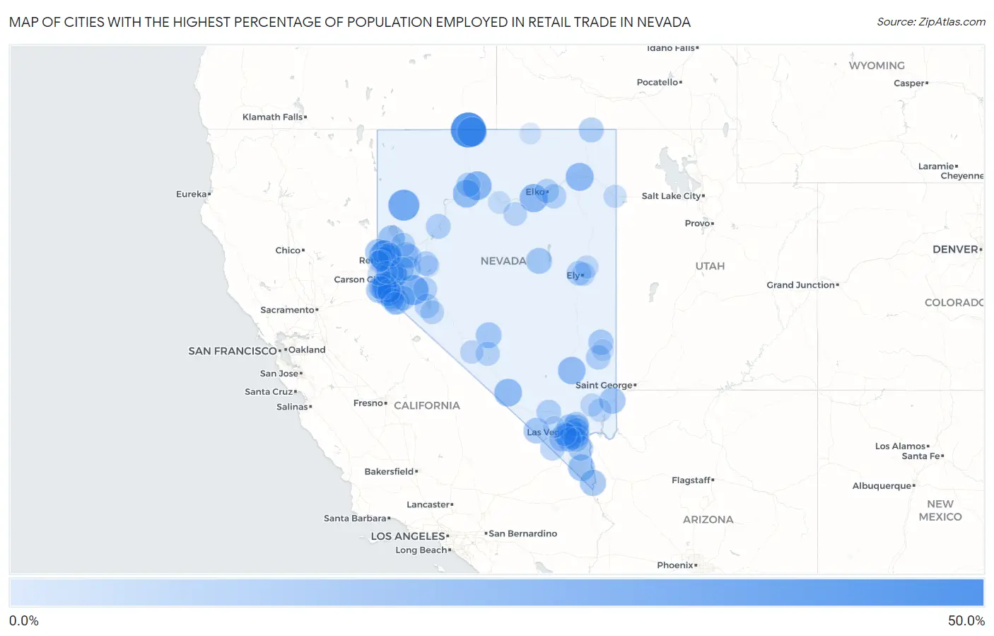 Cities with the Highest Percentage of Population Employed in Retail Trade in Nevada Map
