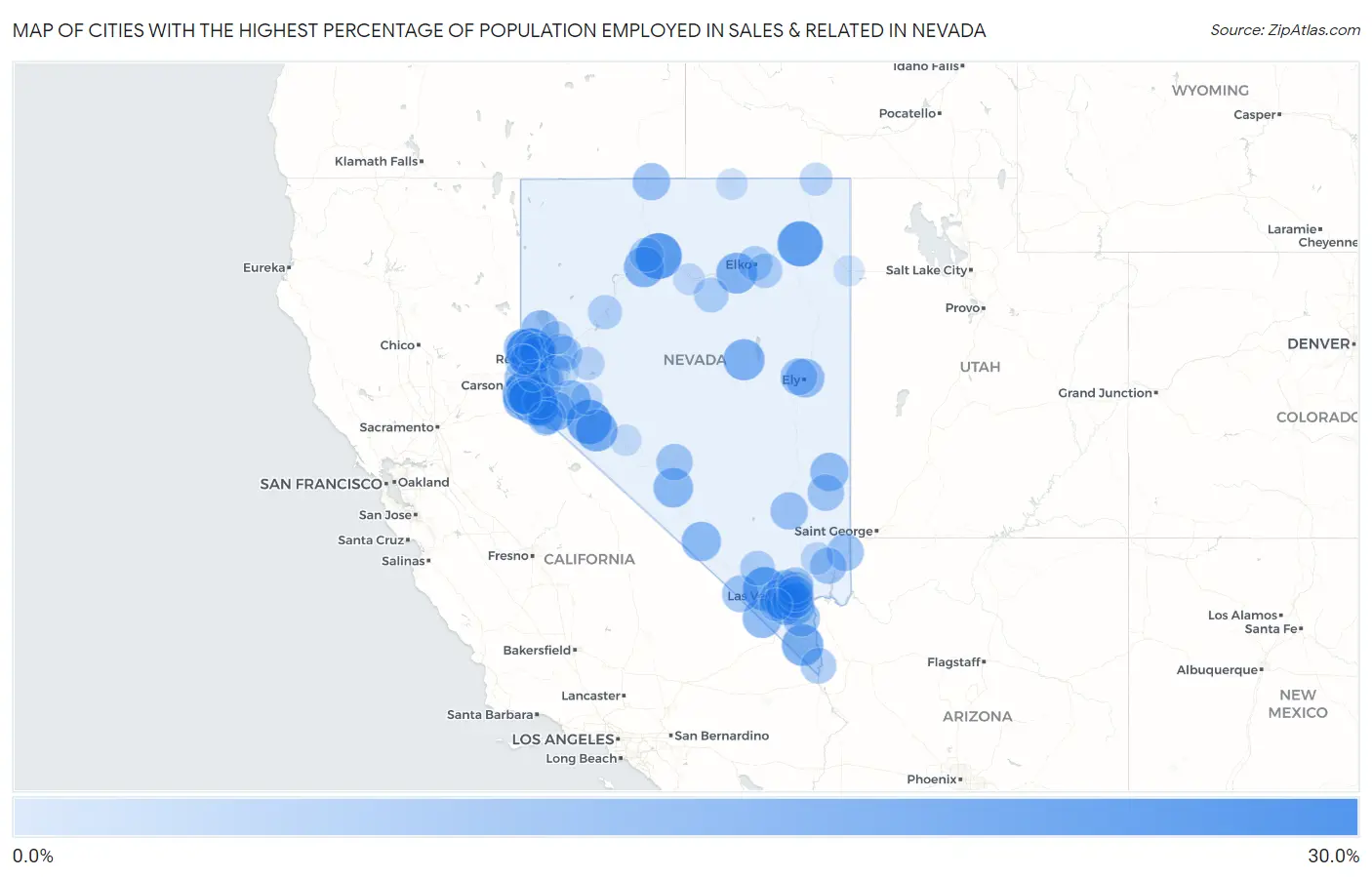 Cities with the Highest Percentage of Population Employed in Sales & Related in Nevada Map