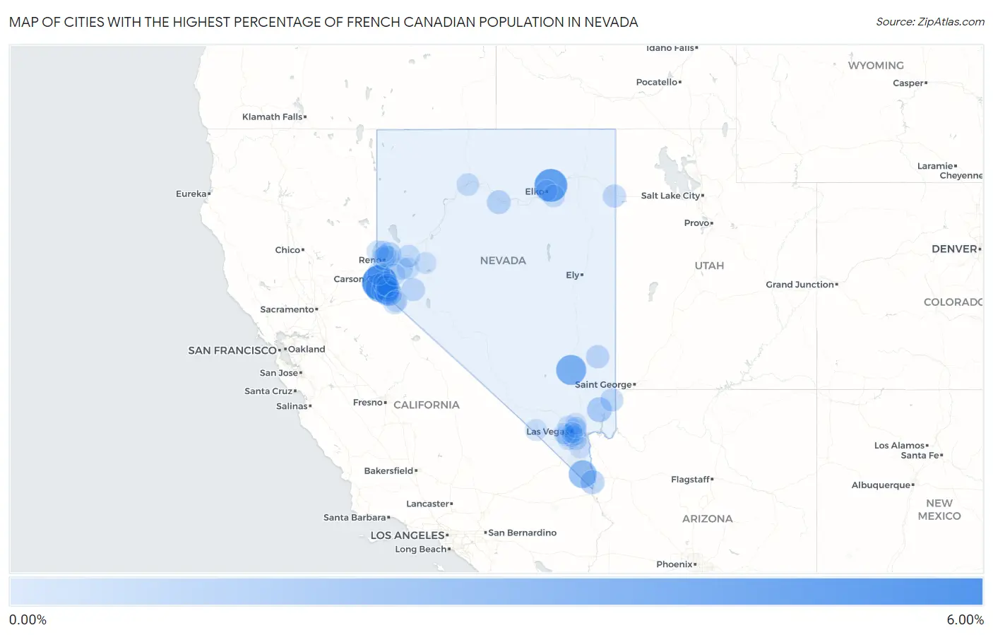 Cities with the Highest Percentage of French Canadian Population in Nevada Map