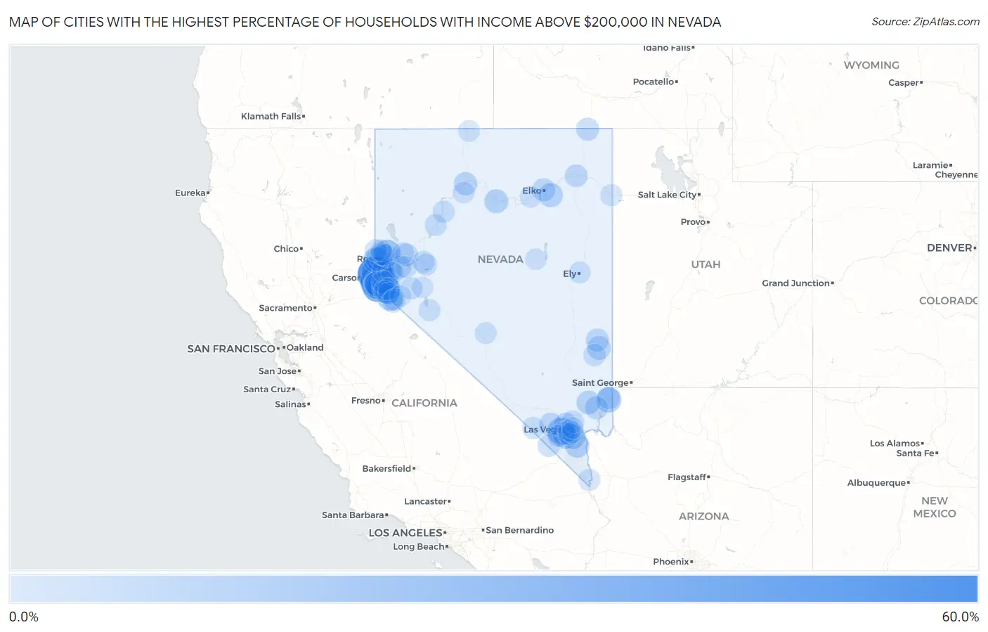 Cities with the Highest Percentage of Households with Income Above $200,000 in Nevada Map