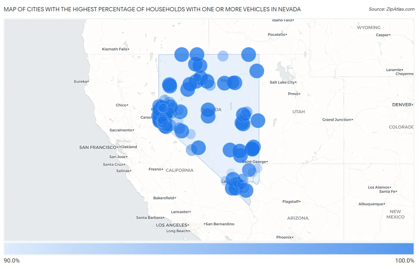 Cities with the Highest Percentage of Households With One or more Vehicles in Nevada Map