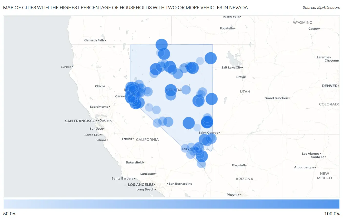 Cities with the Highest Percentage of Households With Two or more Vehicles in Nevada Map