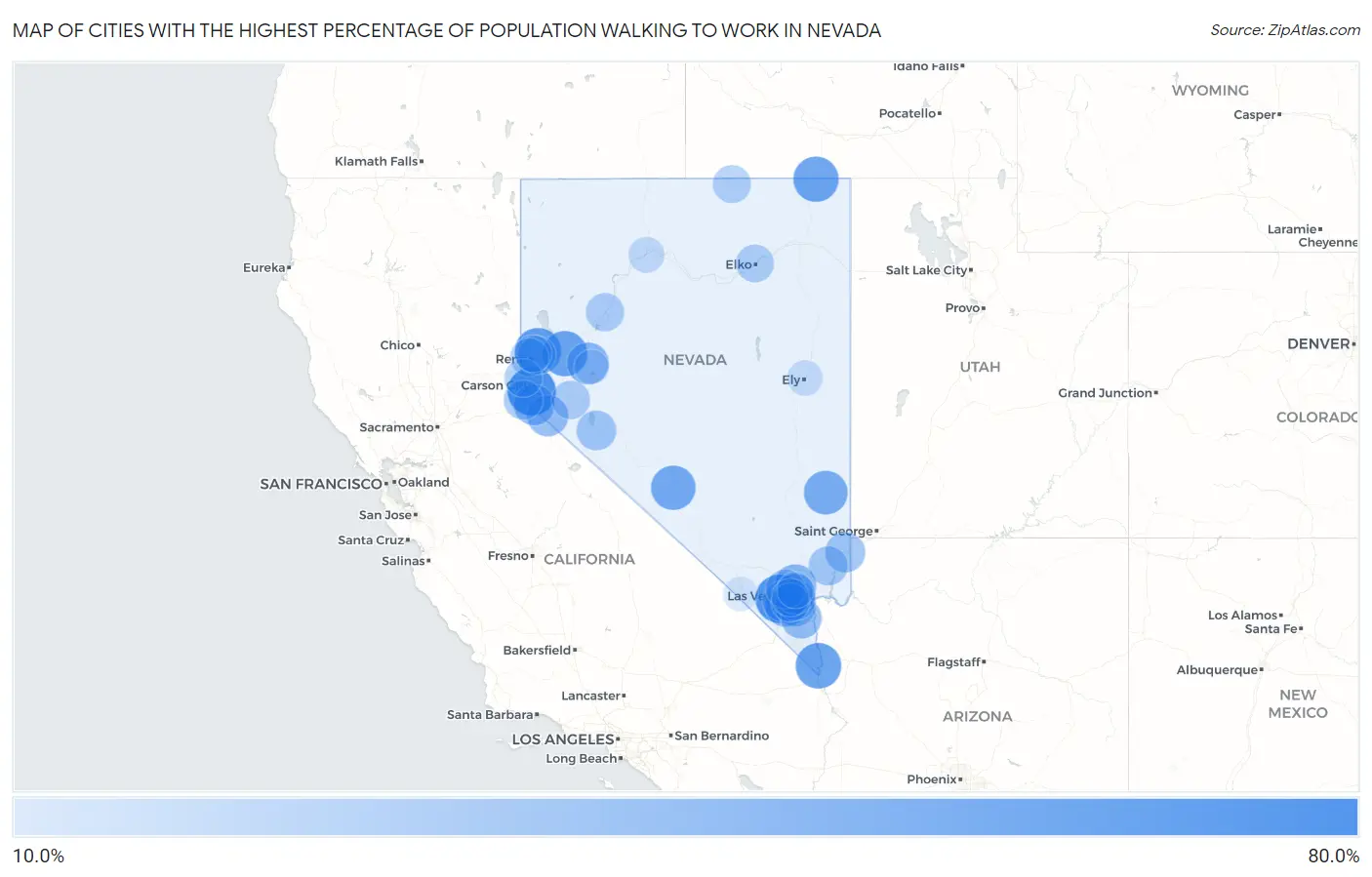 Cities with the Highest Percentage of Population Walking to Work in Nevada Map