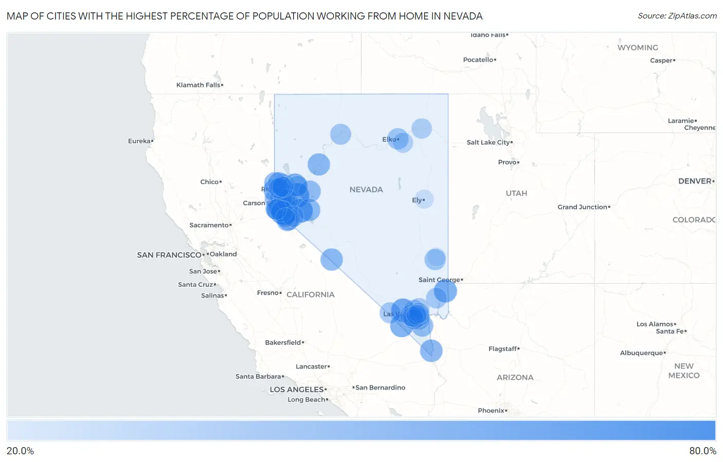 Cities with the Highest Percentage of Population Working from Home in Nevada Map