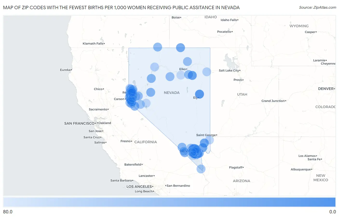 Zip Codes with the Fewest Births per 1,000 Women Receiving Public Assitance in Nevada Map