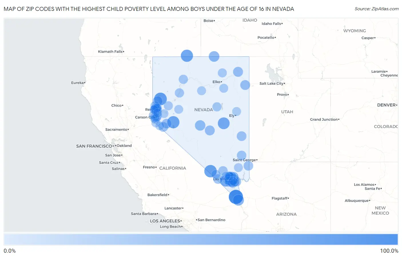 Zip Codes with the Highest Child Poverty Level Among Boys Under the Age of 16 in Nevada Map