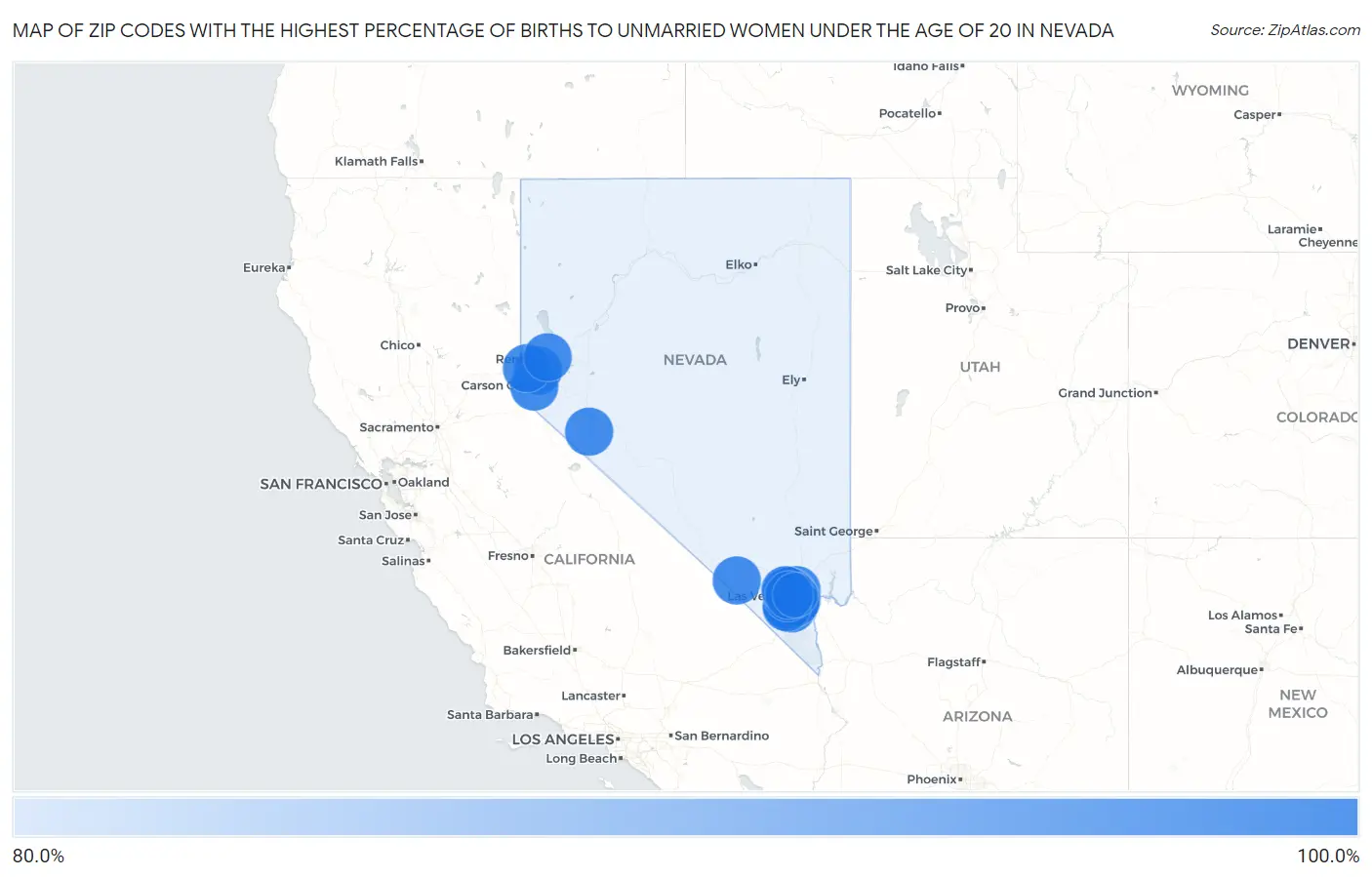 Zip Codes with the Highest Percentage of Births to Unmarried Women under the Age of 20 in Nevada Map