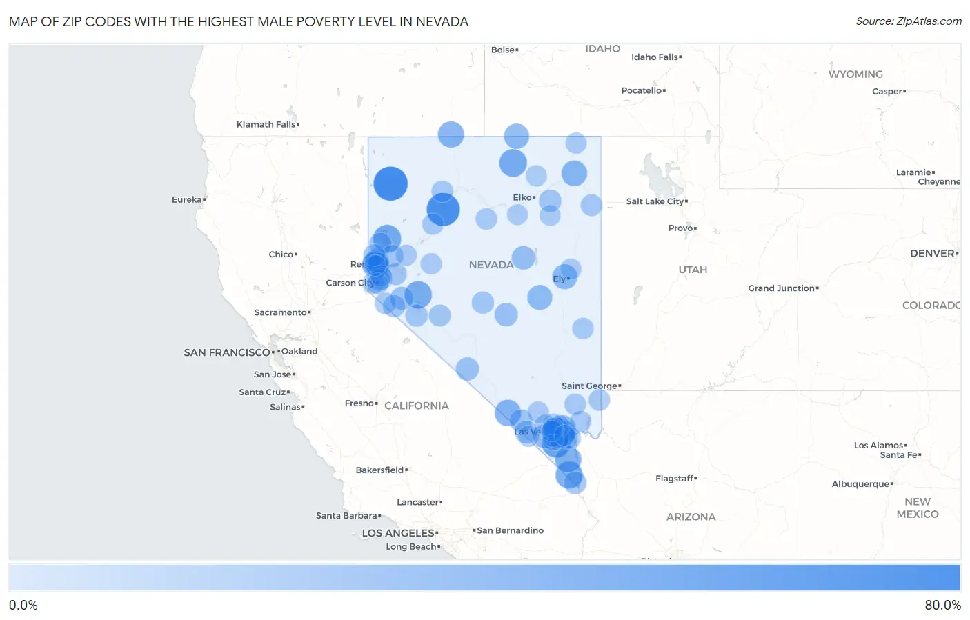 Zip Codes with the Highest Male Poverty Level in Nevada Map