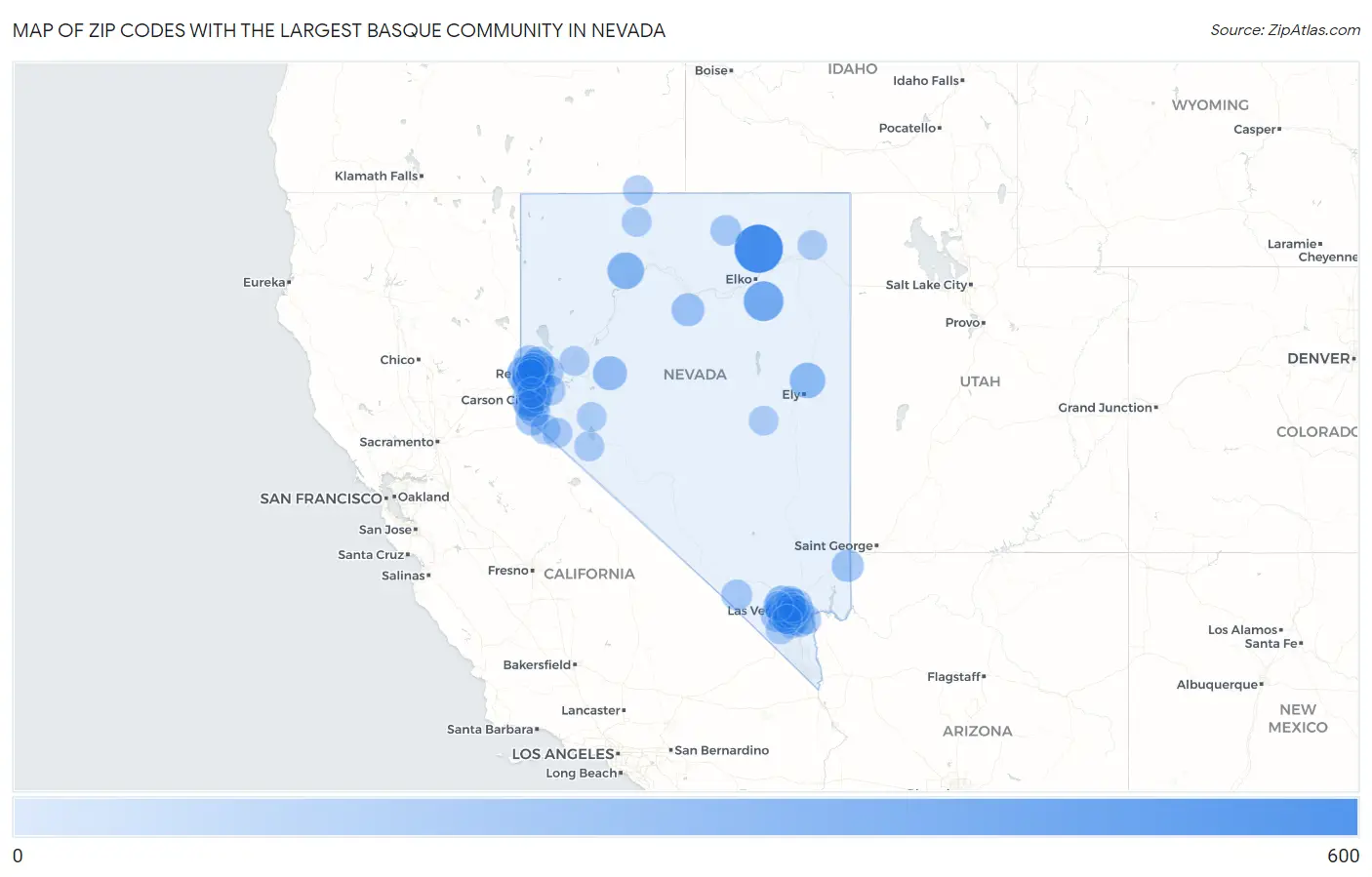 Zip Codes with the Largest Basque Community in Nevada Map