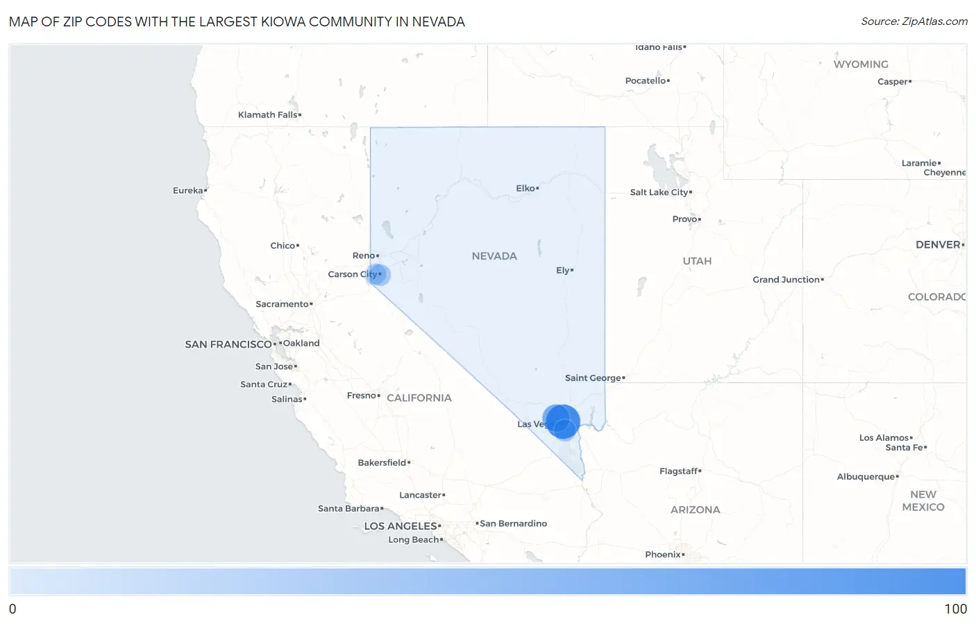 Zip Codes with the Largest Kiowa Community in Nevada Map