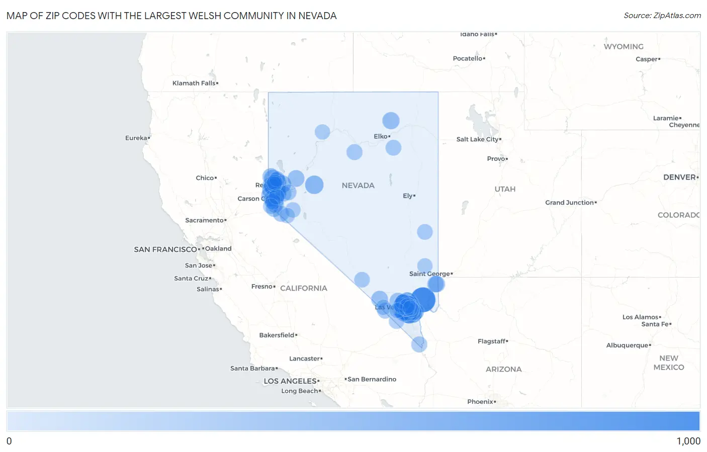 Zip Codes with the Largest Welsh Community in Nevada Map