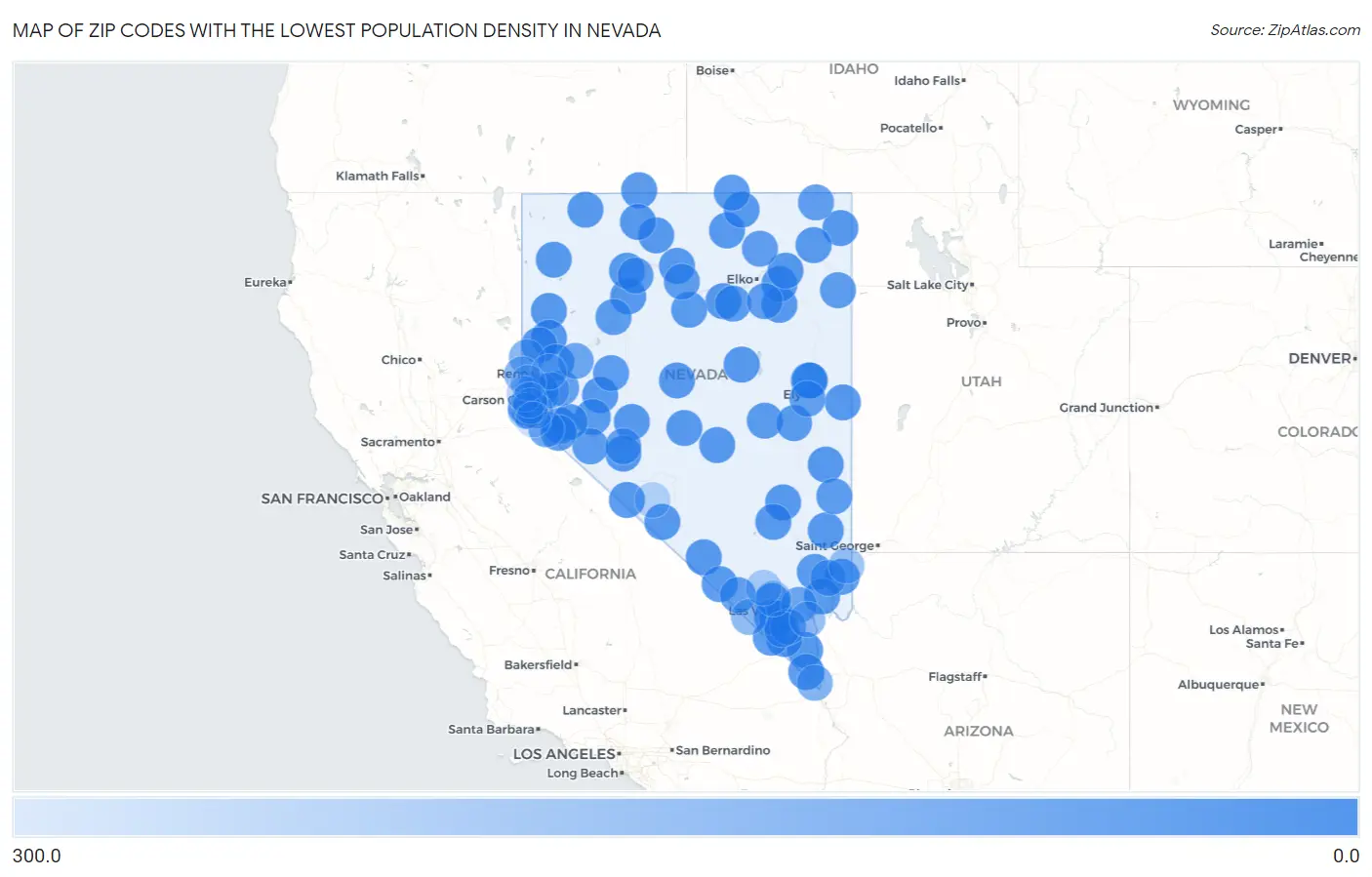 Zip Codes with the Lowest Population Density in Nevada Map