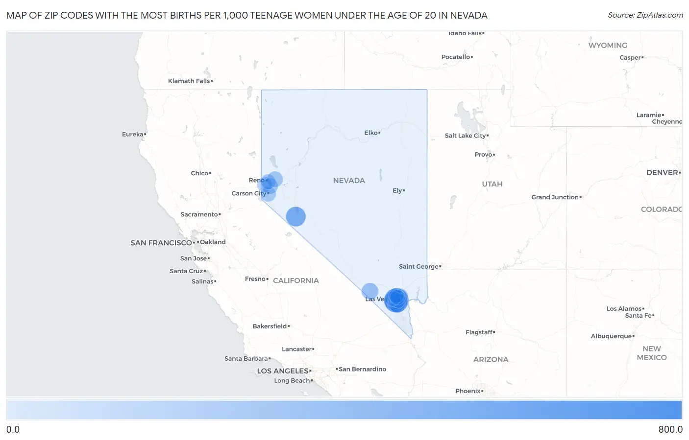 Zip Codes with the Most Births per 1,000 Teenage Women Under the Age of 20 in Nevada Map