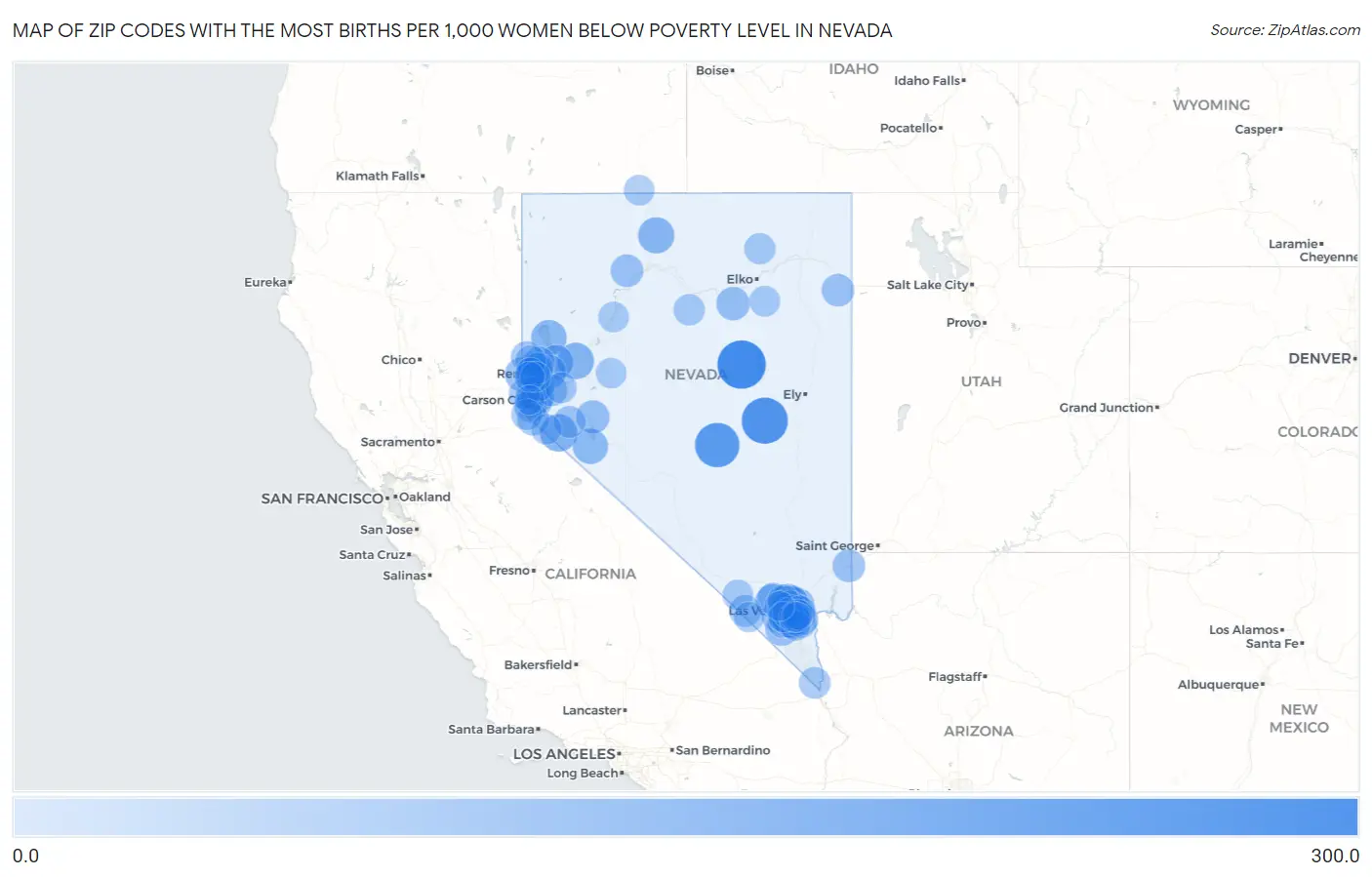 Zip Codes with the Most Births per 1,000 Women Below Poverty Level in Nevada Map