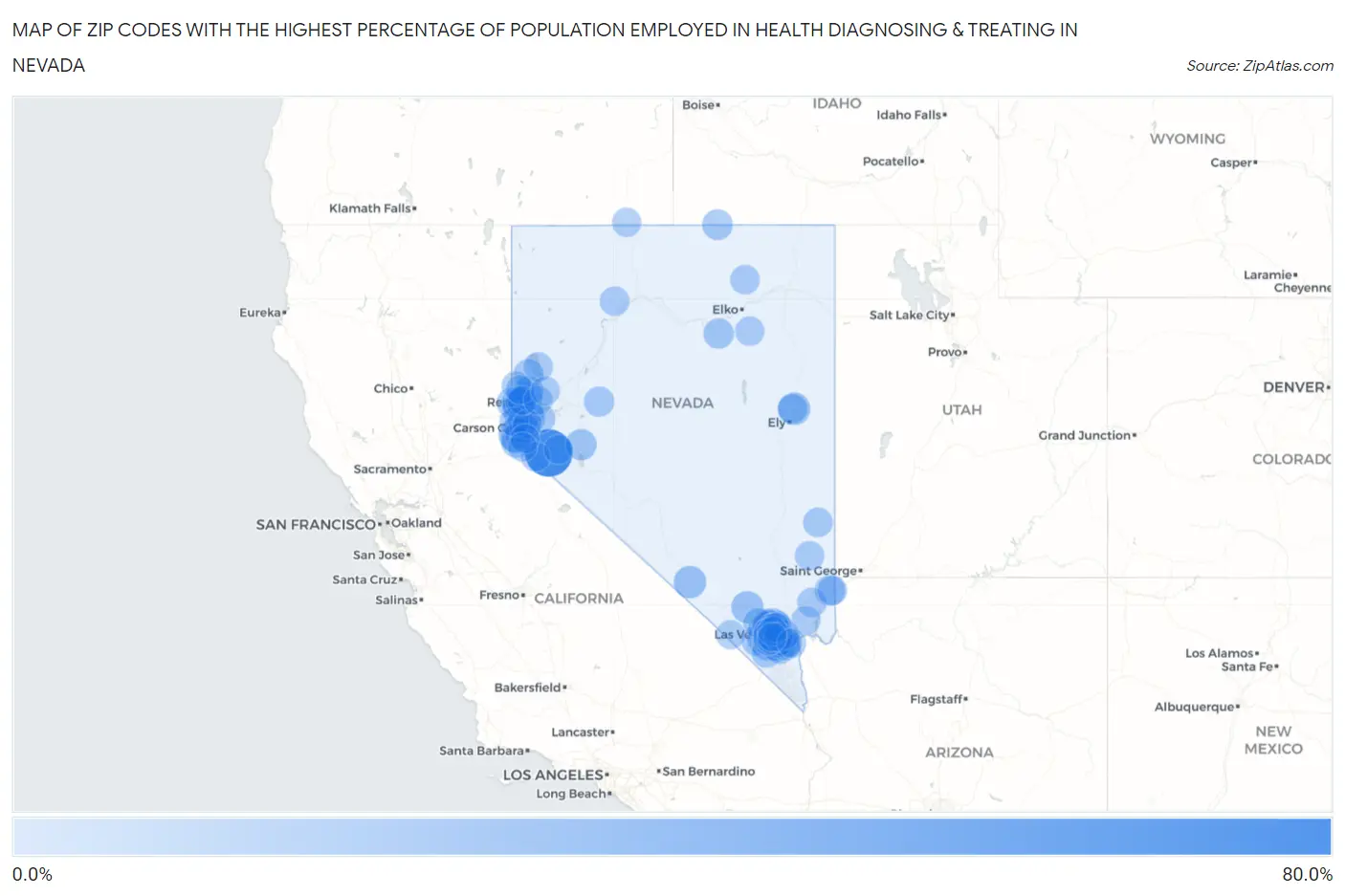 Zip Codes with the Highest Percentage of Population Employed in Health Diagnosing & Treating in Nevada Map