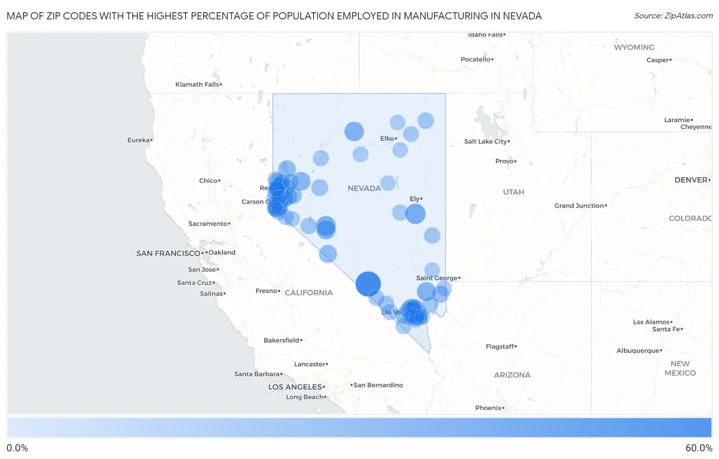 Zip Codes with the Highest Percentage of Population Employed in Manufacturing in Nevada Map