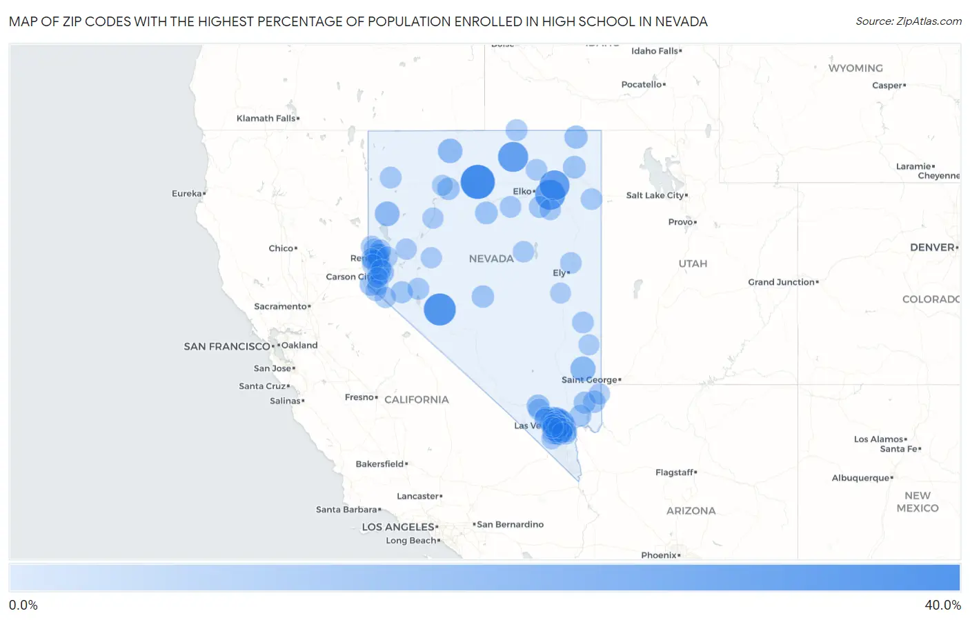 Zip Codes with the Highest Percentage of Population Enrolled in High School in Nevada Map