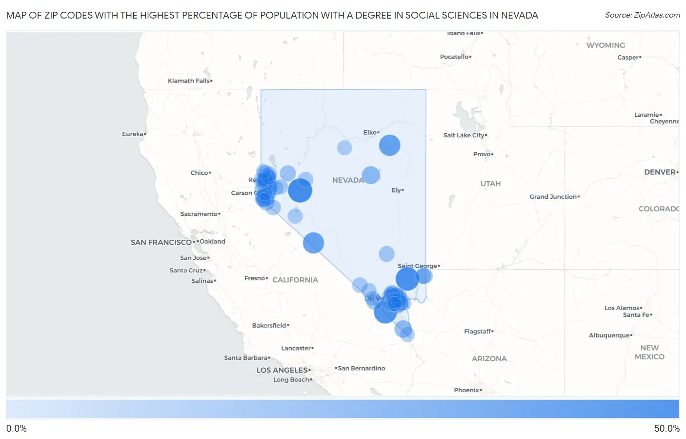 Zip Codes with the Highest Percentage of Population with a Degree in Social Sciences in Nevada Map