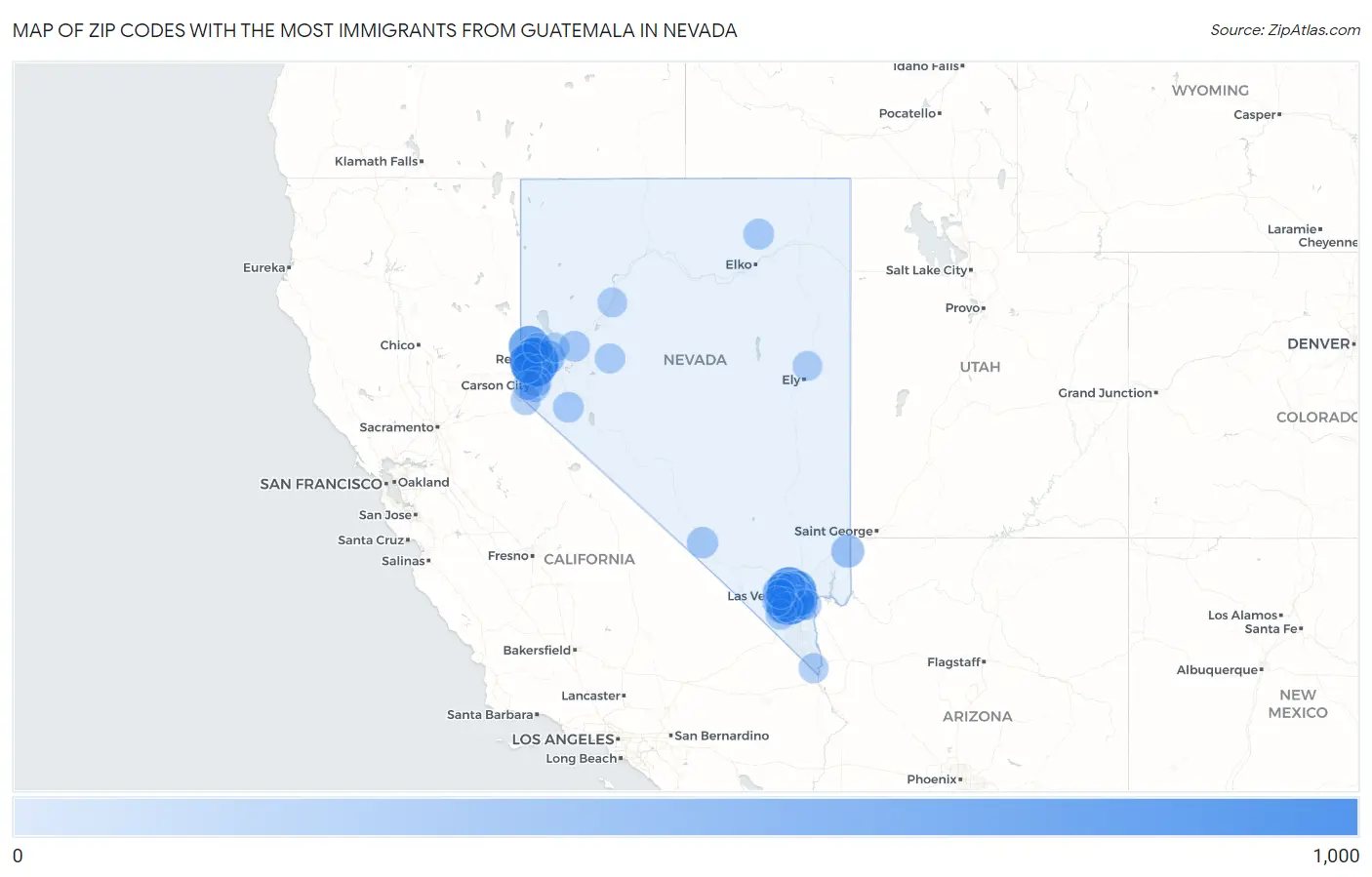 Zip Codes with the Most Immigrants from Guatemala in Nevada Map