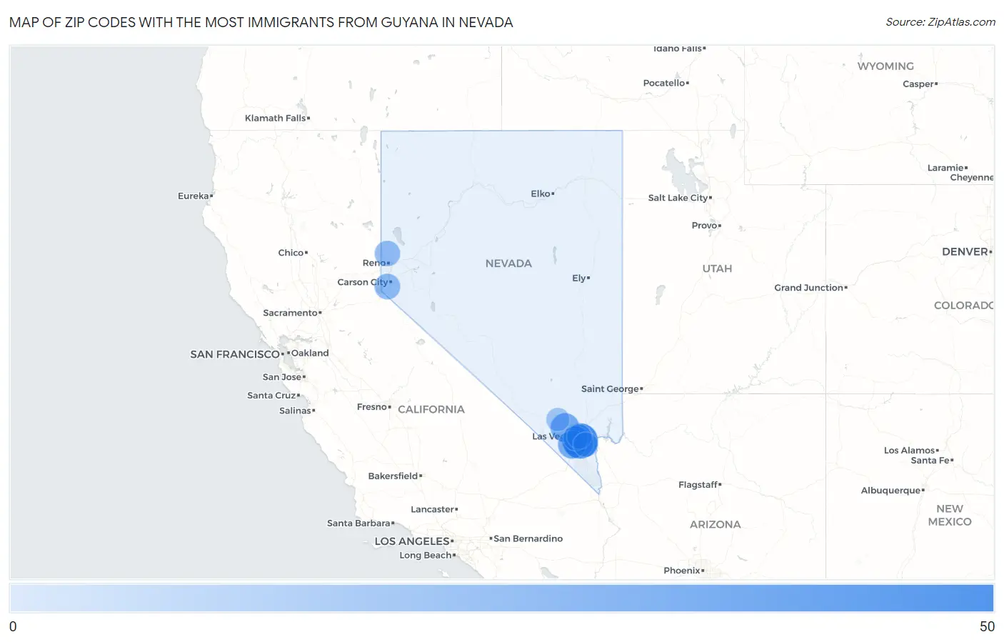 Zip Codes with the Most Immigrants from Guyana in Nevada Map