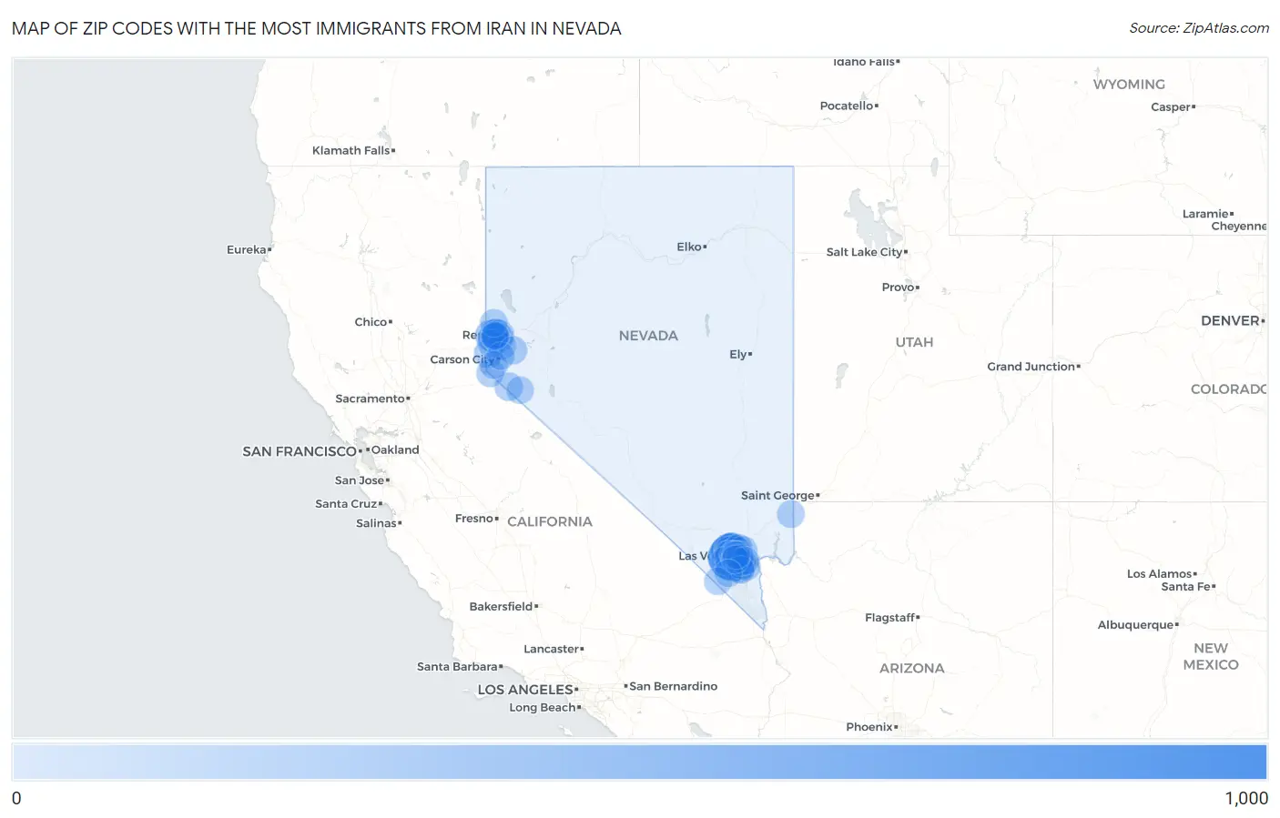 Zip Codes with the Most Immigrants from Iran in Nevada Map