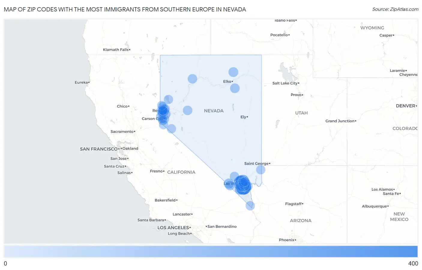 Zip Codes with the Most Immigrants from Southern Europe in Nevada Map