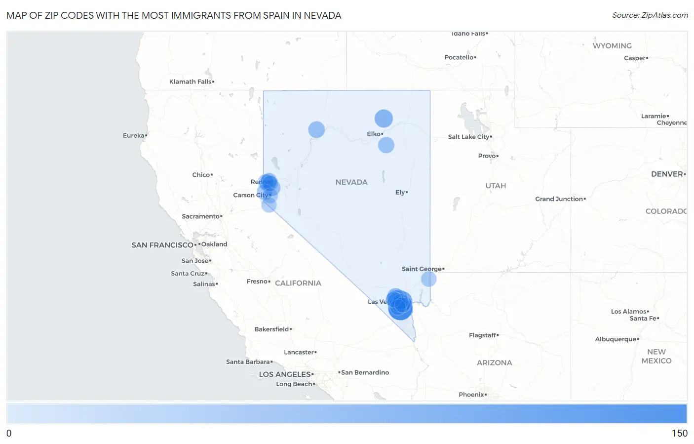 Zip Codes with the Most Immigrants from Spain in Nevada Map