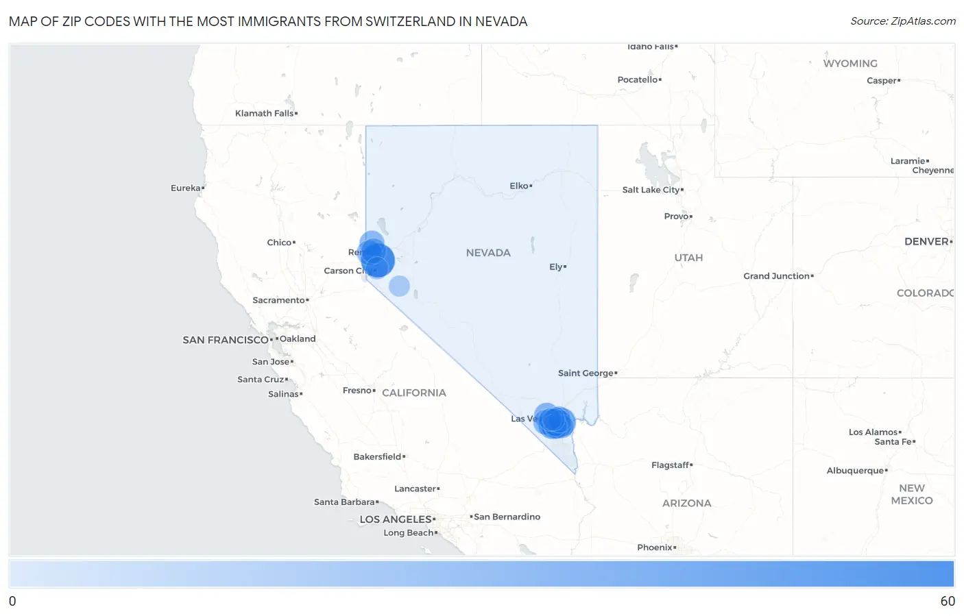 Zip Codes with the Most Immigrants from Switzerland in Nevada Map