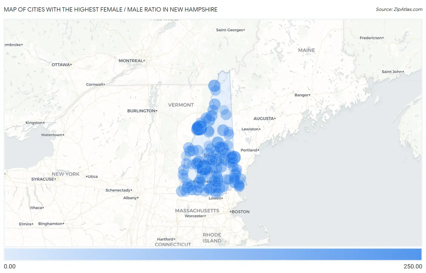 Cities with the Highest Female / Male Ratio in New Hampshire Map