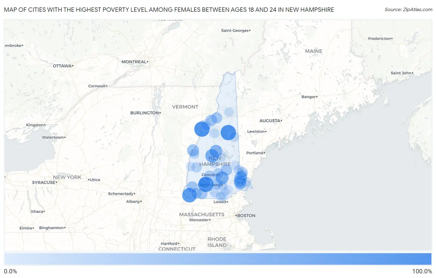 Cities with the Highest Poverty Level Among Females Between Ages 18 and 24 in New Hampshire Map