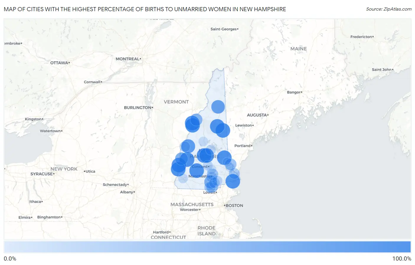 Cities with the Highest Percentage of Births to Unmarried Women in New Hampshire Map