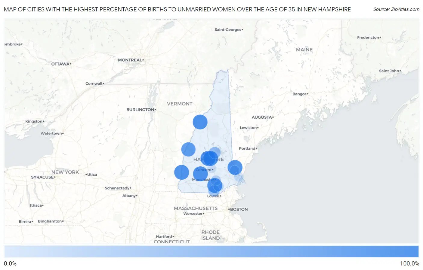 Cities with the Highest Percentage of Births to Unmarried Women over the Age of 35 in New Hampshire Map