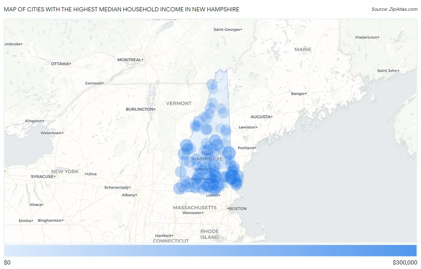 Cities with the Highest Median Household Income in New Hampshire Map