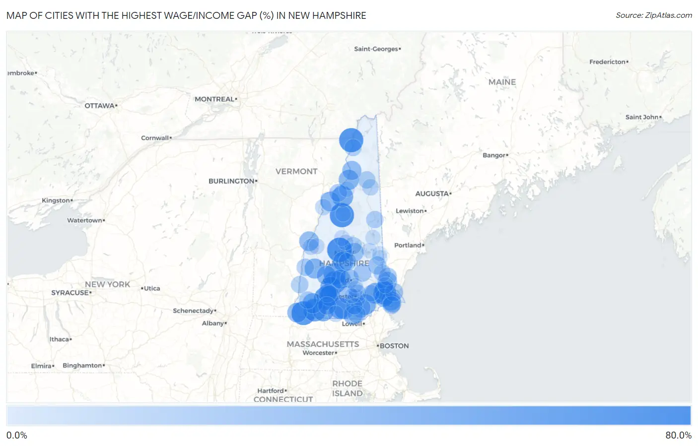 Cities with the Highest Wage/Income Gap (%) in New Hampshire Map
