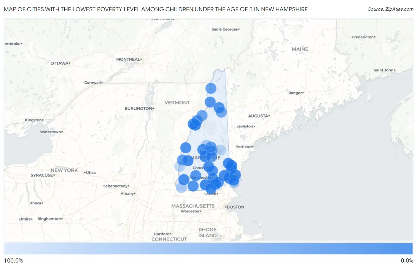 Cities with the Lowest Poverty Level Among Children Under the Age of 5 in New Hampshire Map