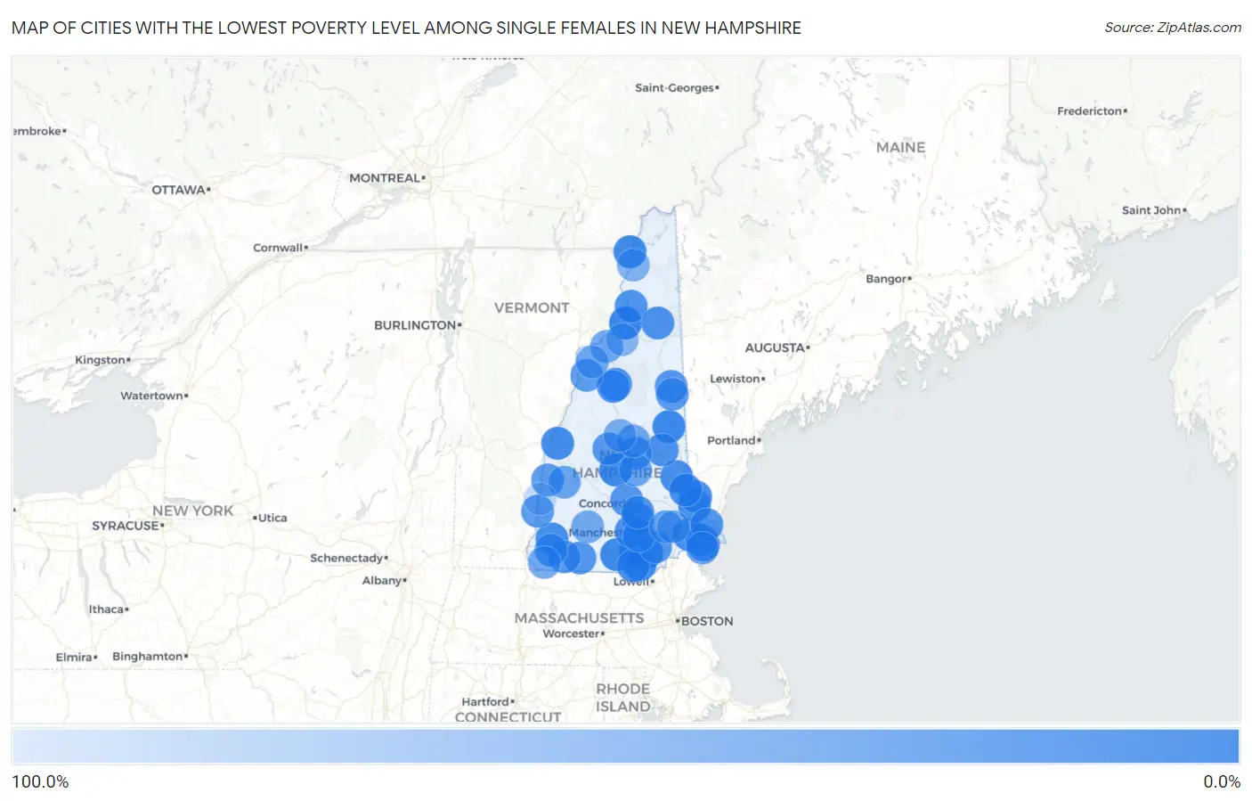 Cities with the Lowest Poverty Level Among Single Females in New Hampshire Map