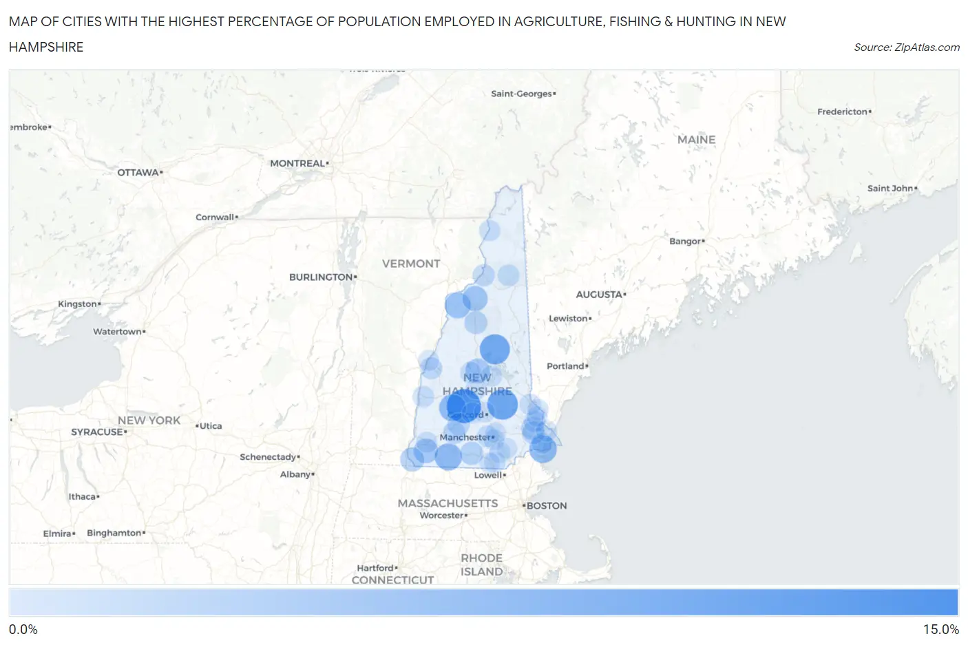 Cities with the Highest Percentage of Population Employed in Agriculture, Fishing & Hunting in New Hampshire Map
