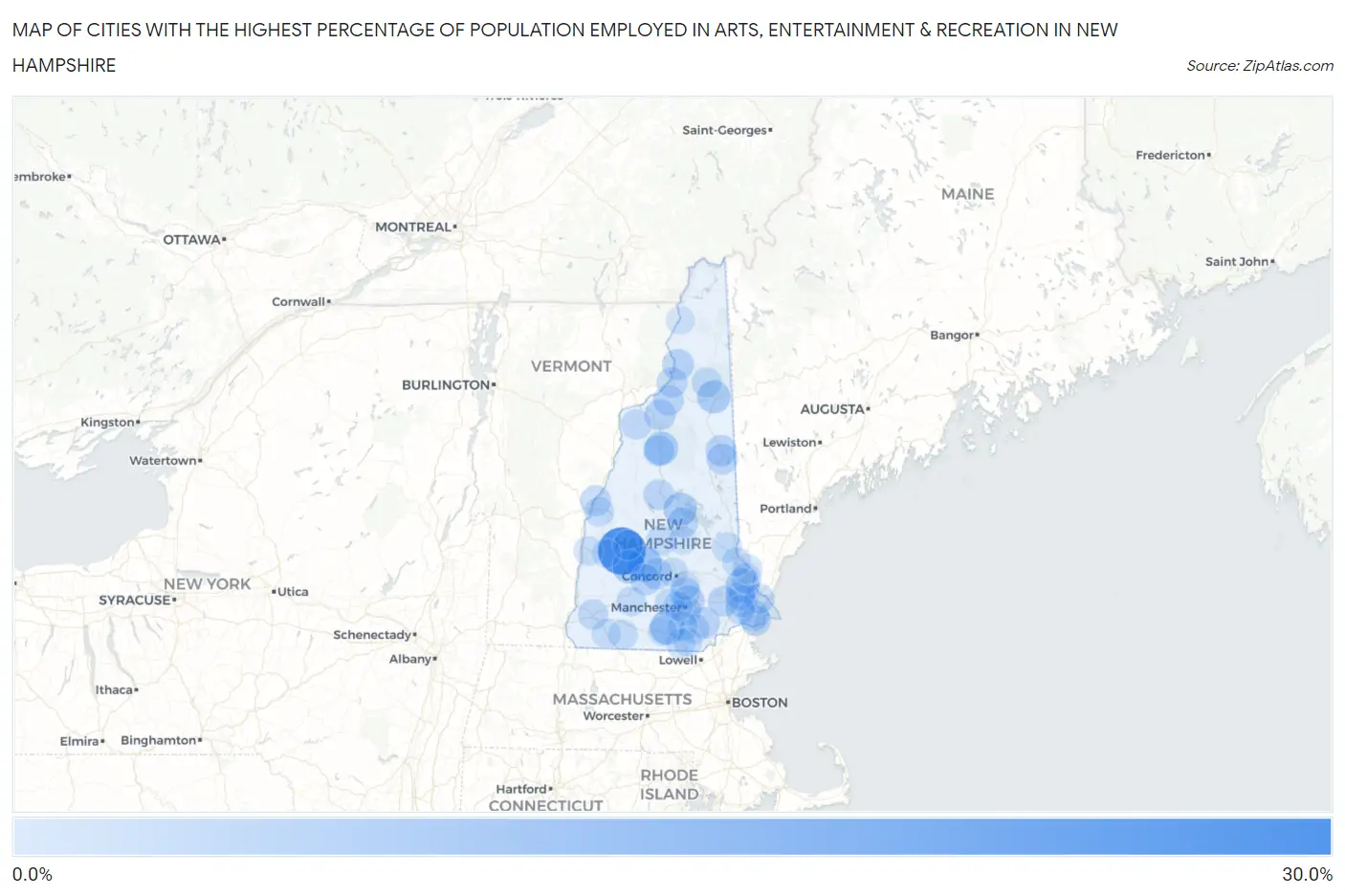 Cities with the Highest Percentage of Population Employed in Arts, Entertainment & Recreation in New Hampshire Map