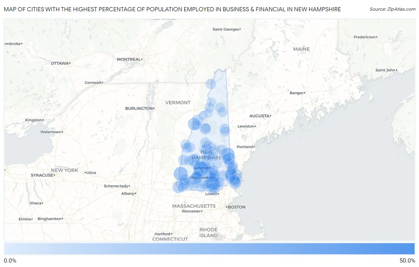 Cities with the Highest Percentage of Population Employed in Business & Financial in New Hampshire Map