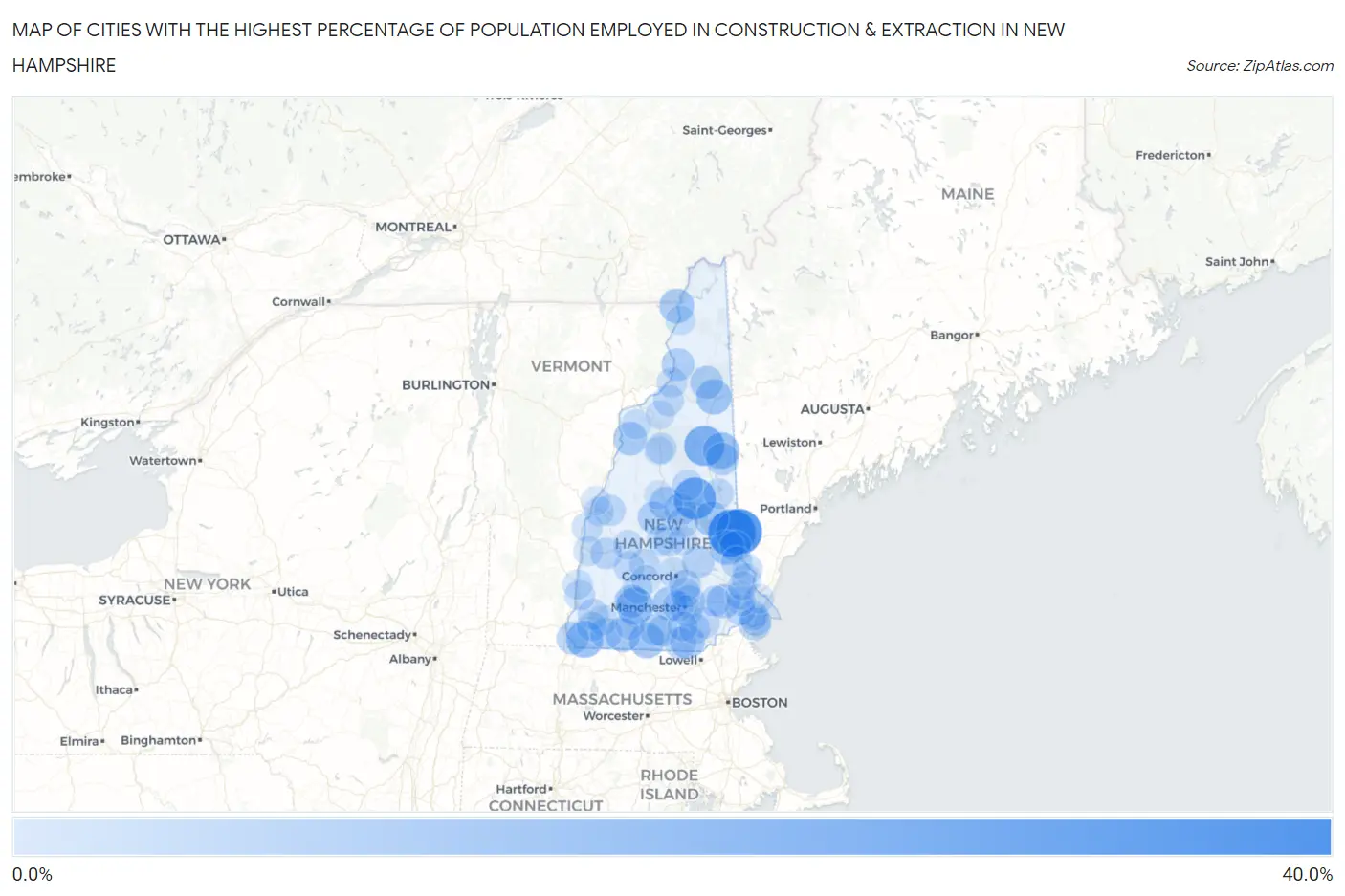 Cities with the Highest Percentage of Population Employed in Construction & Extraction in New Hampshire Map