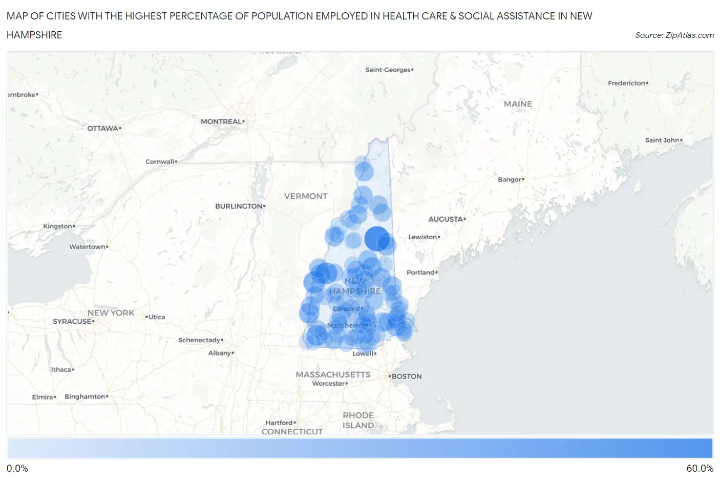 Cities with the Highest Percentage of Population Employed in Health Care & Social Assistance in New Hampshire Map
