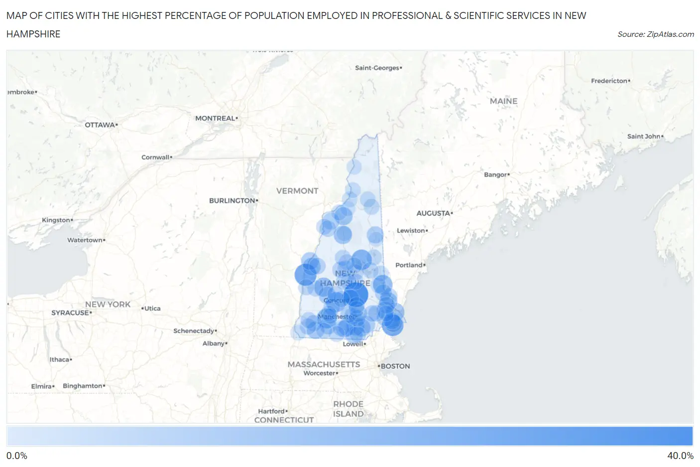 Cities with the Highest Percentage of Population Employed in Professional & Scientific Services in New Hampshire Map