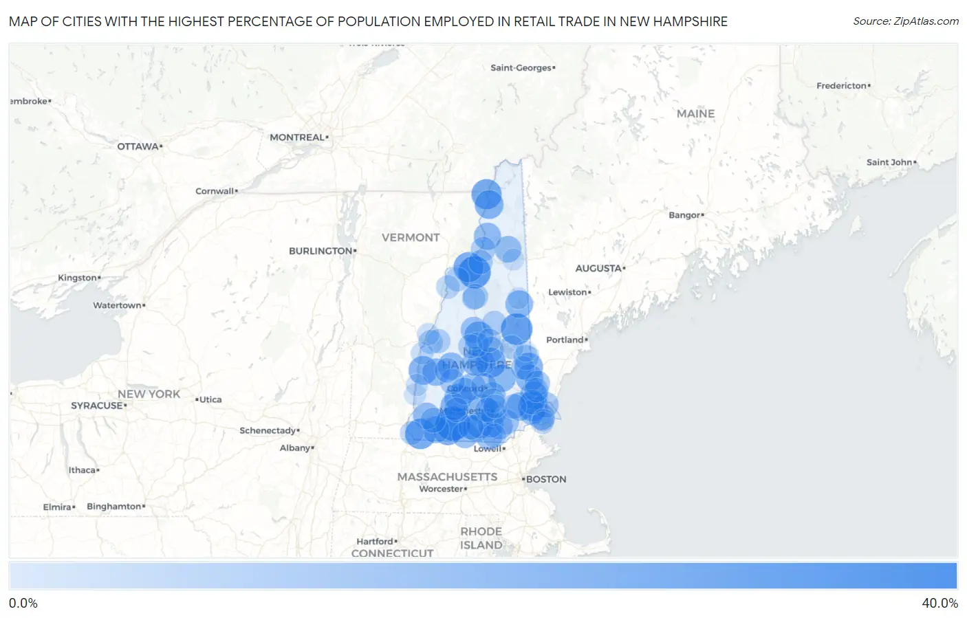 Cities with the Highest Percentage of Population Employed in Retail Trade in New Hampshire Map