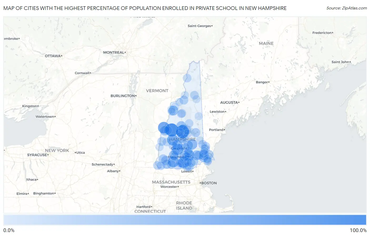 Cities with the Highest Percentage of Population Enrolled in Private School in New Hampshire Map