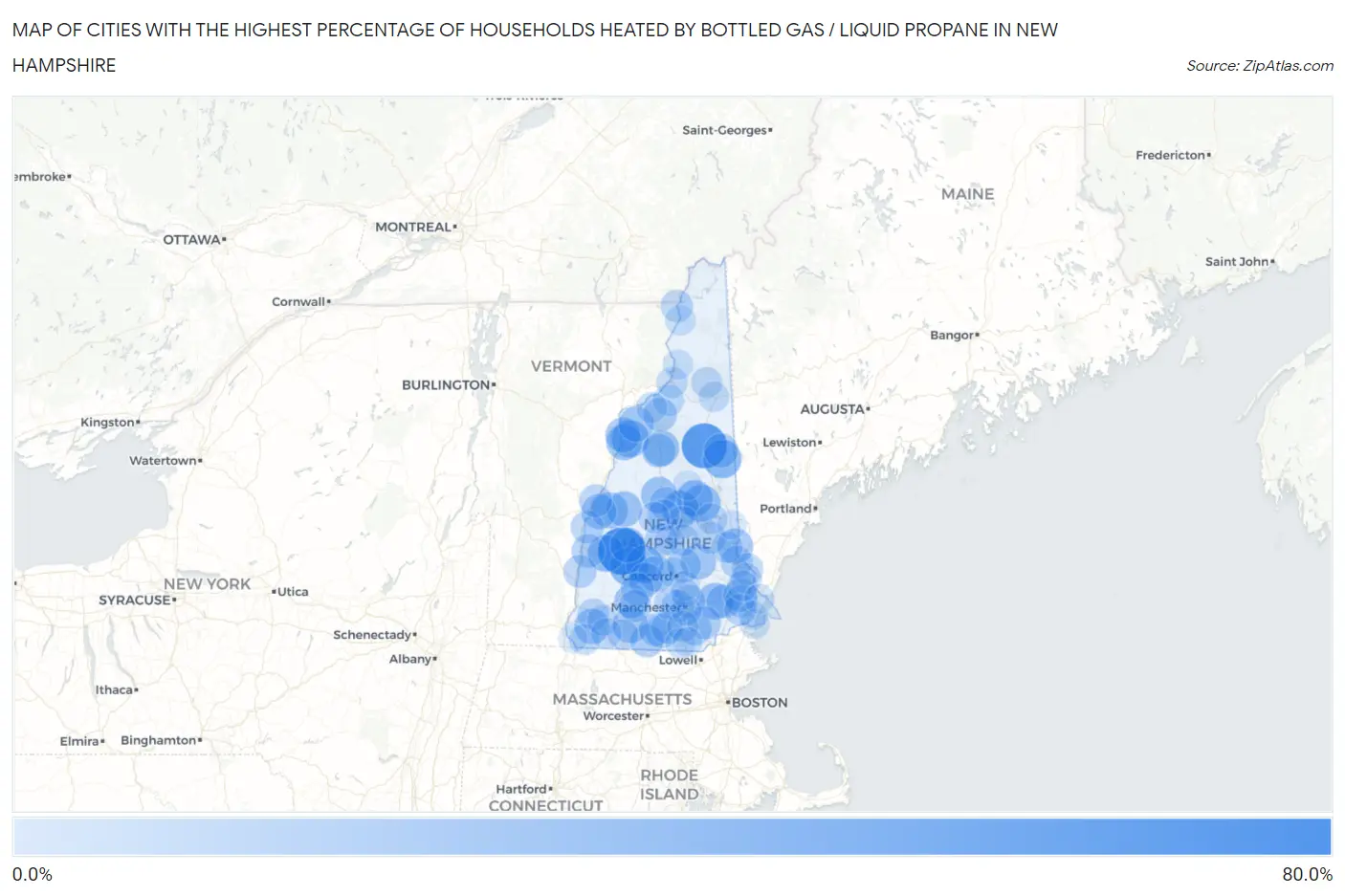 Cities with the Highest Percentage of Households Heated by Bottled Gas / Liquid Propane in New Hampshire Map