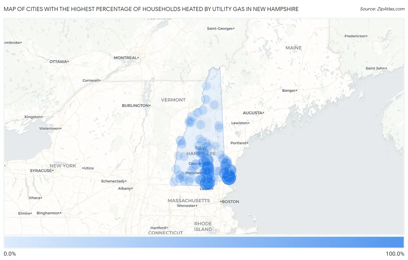 Cities with the Highest Percentage of Households Heated by Utility Gas in New Hampshire Map